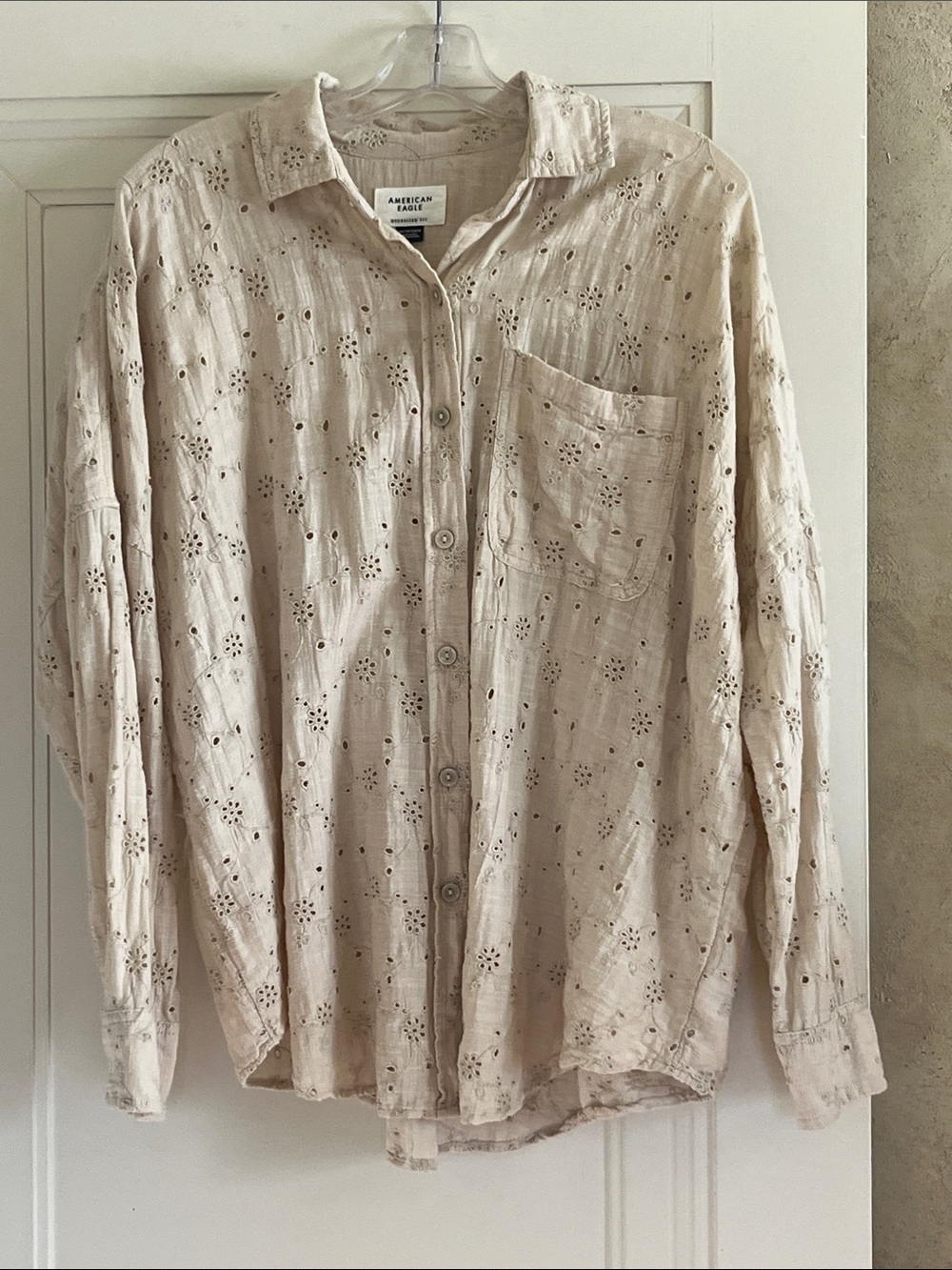 AEO Button Down Long Sleeve Shirt Oversized Fit  Cream Eyelet Color Size XS